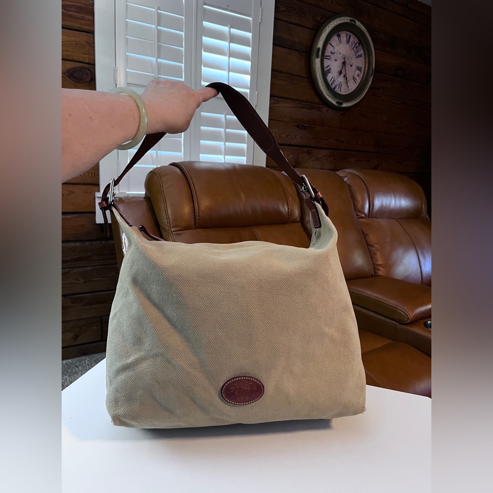 Dooney & Bourke Beige Canvas Hobo with Brown Leather Trim Odor free 14” x 11”